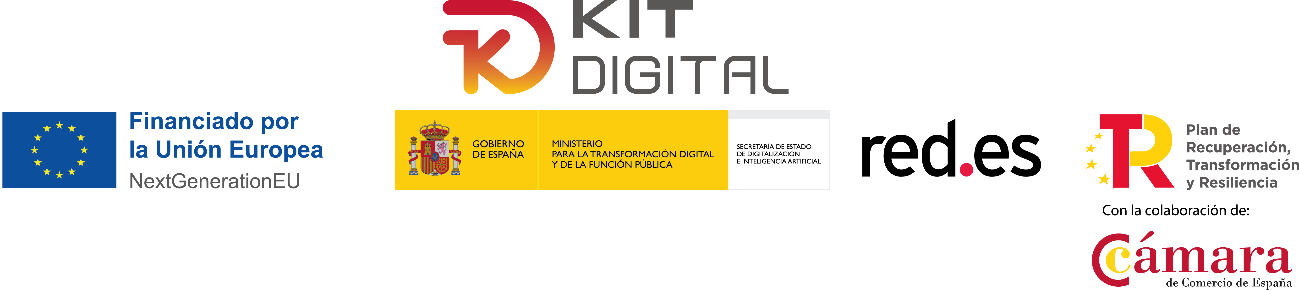 The image depicts various logos and text elements, including KIT, Digital, and the European Union's support for Spain's Digital Transformation and Artificial Intelligence, featuring institutions like the Ministry of State, Recovery, and the Spanish Chamber of Commerce.El contenido generado por IA puede ser incorrecto.